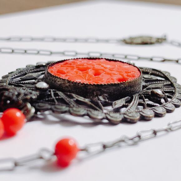 VTG Art Deco Peking Glass Style Red Glass 1920s-1930s Filigree Necklace Pendant - Picture 14 of 16